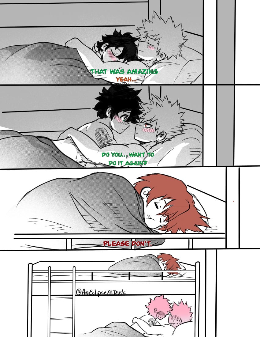 2boys 3boys after_sex aneclipseatdusk bakugou_katsuki bed blush boku_no_hero_academia bones_(company) completely_nude curly_hair double_bed eijirou_kirishima embarrassed freckles green_eyes green_hair izuku_midoriya katsuki_bakugou kirishima_eijirou large_hair lying male messy_hair midoriya_izuku my_hero_academia nude red_eyes red_hair scar scar_on_arm sex shounen_jump speeling spiked_hair sweatdrop yaoi