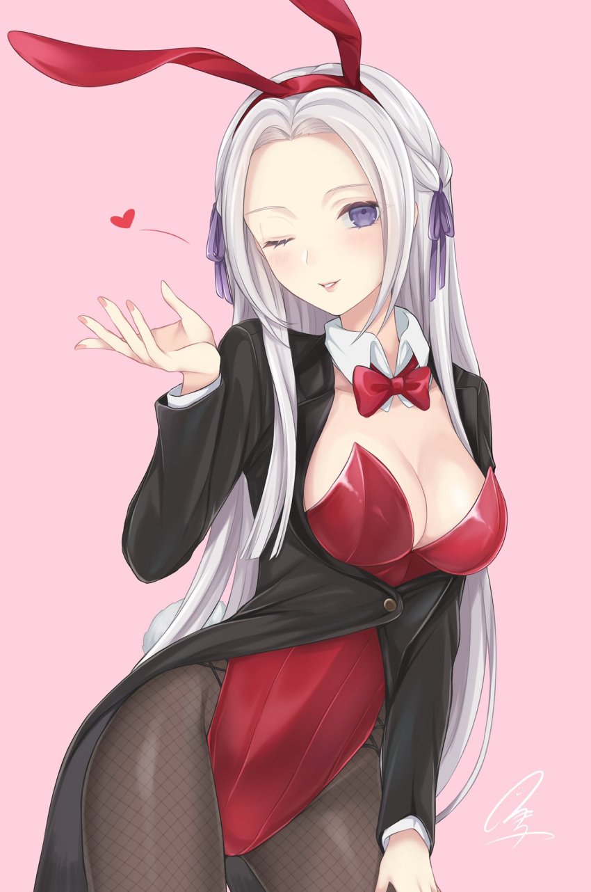 1girls absurd_res alternate_costume black_suit bowtie bunny_ears bunny_girl bunnysuit business_suit buttons cleavage collar edelgard_von_hresvelg female fire_emblem fire_emblem:_three_houses highres large_breasts leotard nintendo pantyhose pink_background pink_fingernails purple_eyes purple_ribbon red_bow red_bowtie red_bunnysuit red_lips ribbon shimizu_akina smile smiling_at_viewer solo suit white_collar wink winking winking_at_viewer