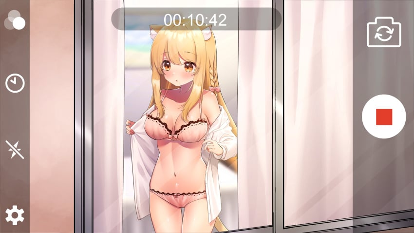 1girls animal_ear_fluff animal_ears animal_tail belly_button blush bow bra braid braided_hair breasts brown_eyes brown_hair camera_pov camera_view cat_ears cat_tail catgirl female female_focus indie_virtual_youtuber lace light-skinned_female light_skin lingerie long_hair navel nekoha_neru nekoha_neru_(artist) panties phone phone_screen phone_view pink_bra pink_lingerie pink_panties pink_underwear recording recording_on_phone recording_video solo solo_focus tail thighs underwear undressing undressing_self virtual_youtuber voyeurism vtuber watching_from_afar watching_through_window