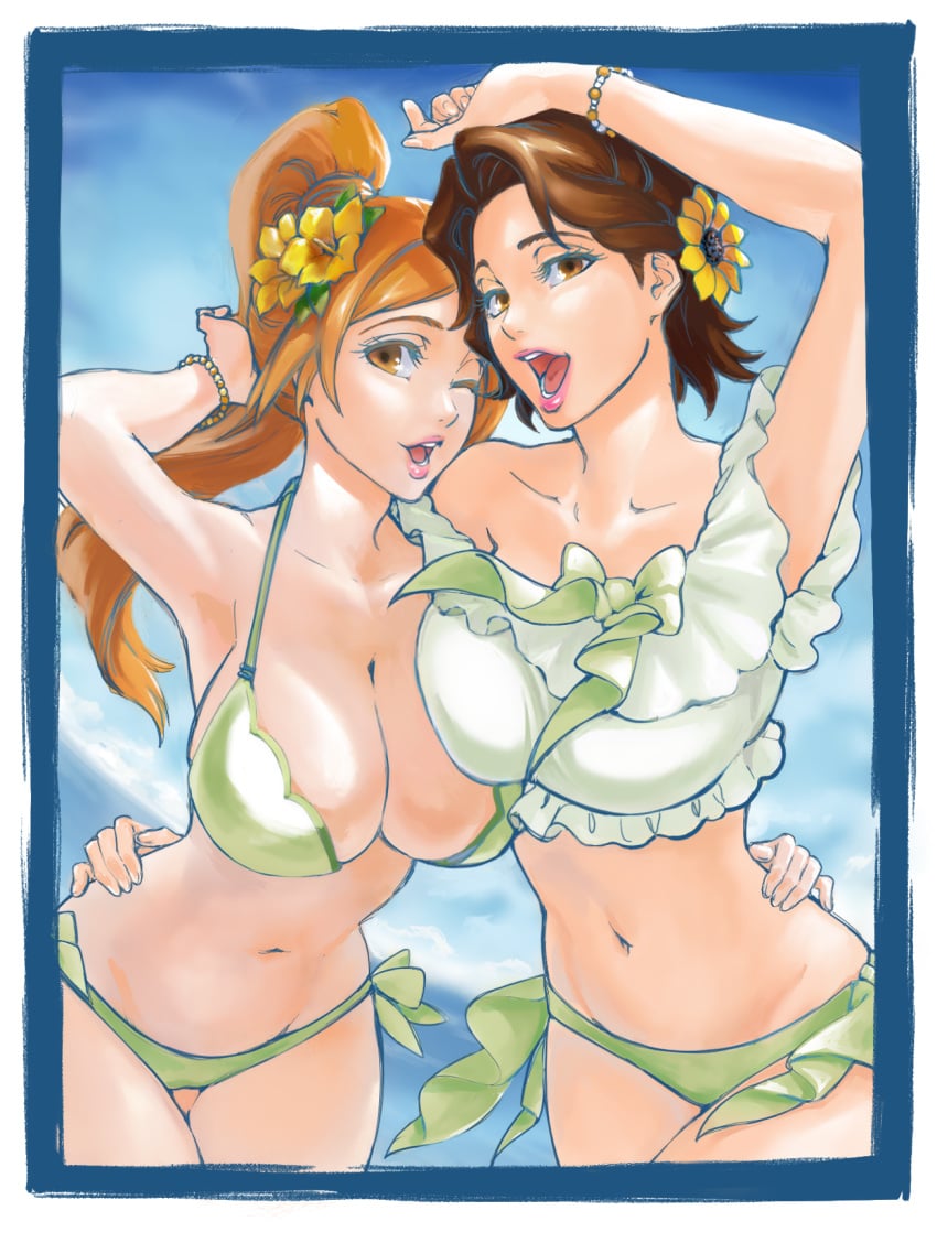 2girls accurate_art_style anime_style armpits arms_up bead_bracelet belly belly_button big_breasts bikini bikini_bottom bikini_top bleach bleach:_the_thousand-year_blood_war bracelet breast_press breast_to_breast breasts breasts_touching brown_eyes brown_hair busty clavicle cleavage clothing cloud collarbone curvy curvy_figure day digital_drawing_(artwork) digital_media_(artwork) duo duo_focus fanart female flower flower_in_hair frilled_bikini frills front_view green_bikini green_swimsuit hair_ornament hand_on_another&#039;s_hip high_resolution highres huge_breasts inoue_orihime kurosaki_masaki large_breasts light-skinned_female light_skin lipstick long_hair looking_at_viewer mature_female midriff multiple_girls narrow_waist navel official_style one_eye_closed open_mouth orange_eyes orange_hair outdoors ponytail portrait posing rozuberry short_hair side-tie_bikini side_by_side sky smile standing stomach string_bikini summer sunflower sunflower_hair_ornament swimsuit swimwear tied_hair time_paradox underboob upper_body voluptuous voluptuous_female wide_hips wink
