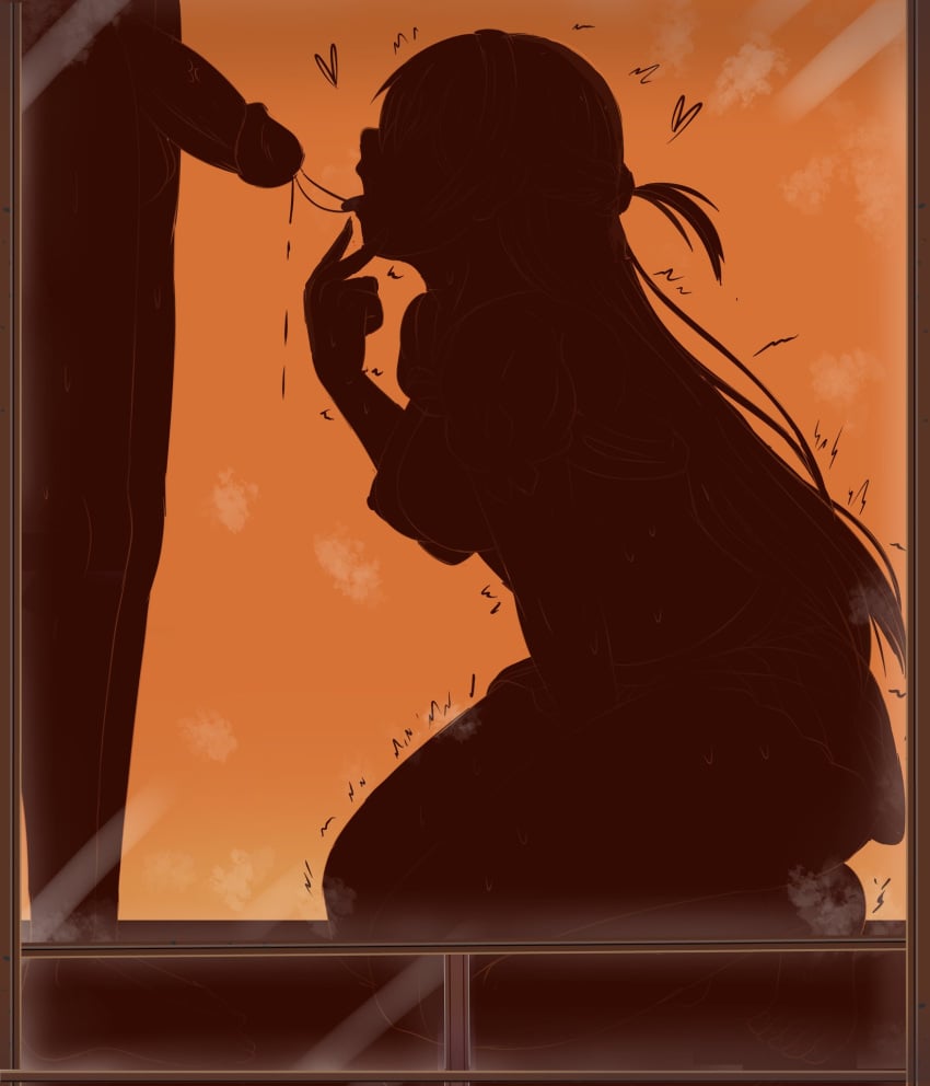 1boy breasts cum cum_string female fuzzlogik highres kanojo_okarishimasu kneeling large_breasts mizuhara_chizuru motion_lines nipples orange_background penis silhouette simple_background solo_focus straight tongue tongue_out trembling