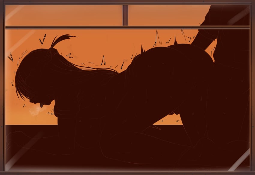 1boy all_fours breasts breath clothed_sex doggy_style female fuzzlogik highres kanojo_okarishimasu large_breasts long_hair male mizuhara_chizuru nipples orange_background silhouette simple_background solo_focus tongue tongue_out vaginal_penetration