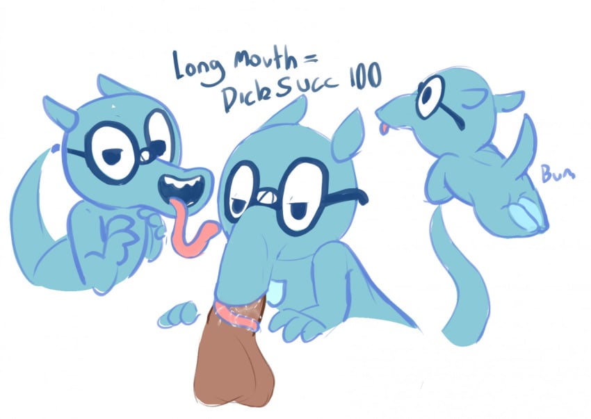 anteater anthro blowjob blue_skin blue_tail glasses half-closed_eyes happy_tree_friends horny laying_down long_tongue m00cho presenting_hindquarters sniffles_(htf) tail teeth