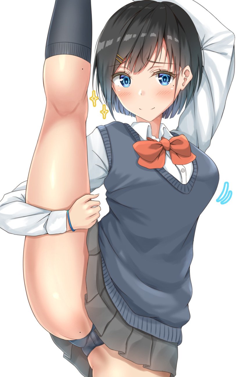 1girls arm_above_head bad_id bad_pixiv_id black_hair black_panties black_skirt black_socks blue_eyes blue_sweater_vest bow bowtie bracelet breasts closed_mouth collared_shirt commentary_request hair_ornament hairclip highres jewelry kneepits leg_up legs long_sleeves looking_at_viewer mole mole_on_leg mole_on_thigh mole_under_eye original panties pleated_skirt red_bow red_bowtie school_uniform shirt simple_background skirt smile socks solo split standing standing_on_one_leg standing_split sunsun2812 sweater_vest thighs underwear white_background white_shirt