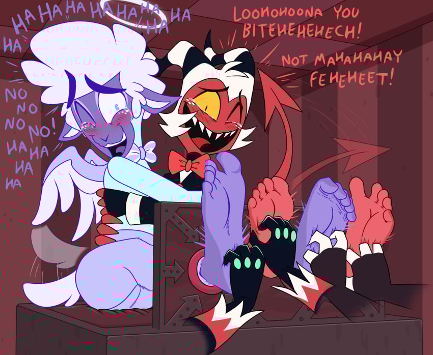 5_toes afro angel anthro barefoot begging betrayal big_feet blue_body blue_eyes blue_fur blush blush_lines blushing_profusely bodily_fluids bondage bondage bound bound_together bovid bow_tie canid canid_demon canine caprine captured caroo cherub clothing clown cobondage collin_(helluva_boss) crying_laughing cybernetic_limb demon dialogue exposed_feet fangs feet fizzarolli_(helluva_boss) foot_fetish foot_focus freckles fur group hair halo hellhound helluva_boss hi_res horn hug humanoid imp laugh loona_(helluva_boss) male mammal moxxie_(helluva_boss) multicolored_body multicolored_fur multicolored_skin mythological_canine mythological_creature mythology offscreen_character one_eye_closed peril prisoner profanity red_body red_skin restraints sheep small_feet soles stocks submissive submissive_male tail tail_motion tailwag tears teeth tickle_fetish tickle_torture tickling tickling_feet toes two_tone_body two_tone_fur two_tone_skin white_hair wiggle_lines wiggling_toes wool_(fur) yellow_sclera
