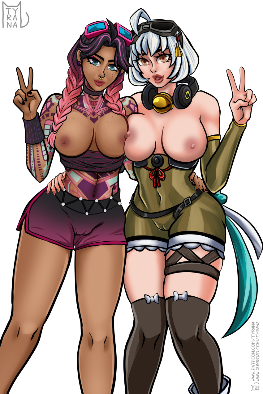 2girls battle_breakers beach_jules black_nails breasts chocolate_and_vanilla dark-skinned_female eyewear_on_head female female_only fingernails fortnite jules_(fortnite) light-skinned_female multiple_girls nail_polish qo razor_(battle_breakers) short_hair thighs tyrana white_hair