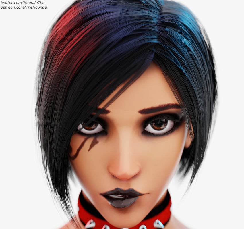 1girls 3d alternative_hairstyle biting_lip black_hair black_lipstick blizzard_entertainment brown_eyes close-up collar dark-skinned_female dark_skin egyptian egyptian_female eyebrows fareeha_amari female female_only glossy_lips headshot_portrait human lipstick looking_at_viewer makeup mascara overwatch pharah short_hair simple_background solo spiked_collar tan_skin tattoo thehounde