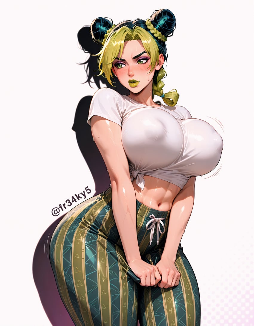 1girls ai_generated blush double_bun female flare_pants forbidden_pants fr34ky green_eyes green_lips huge_breasts jojo&#039;s_bizarre_adventure jolyne_cujoh jolyne_kujo leggings solo stone_ocean sweat thick_thighs tied_shirt two_tone_hair