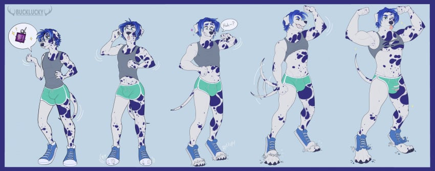 anthro artist_name barely_visible_genitalia blue_background blue_bottomwear blue_clothing blue_eyes blue_hair blue_markings bottomwear bucklucky canid canine canis clothed clothing dalmatian domestic_dog flexing_muscles front_view fur genitals grin growth hair hi_res male mammal markings muscle_growth muscular muscular_anthro muscular_male open_mouth simple_background skylar_(cobaltsaint) slim_anthro slim_male smile solo tail tail_motion tailwag text tongue tongue_out torn_bottomwear torn_clothing transformation white_body white_fur