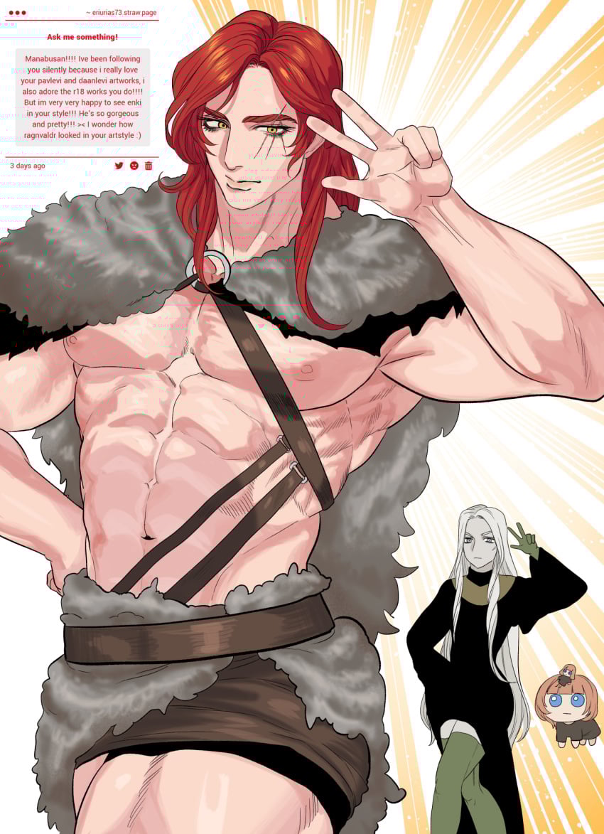 2boys armor bara barbarian big_pecs enki_ankarian eriurias73 facial_scar fear_and_hunger fur_armor long_hair long_hair_male male male_focus miniskirt muscular muscular_male pecs ragnvaldr red_hair revealing_clothes scar scar_across_eye skirt smile solo_focus the_girl_(fear_and_hunger) thick_thighs v_sign yellow_eyes