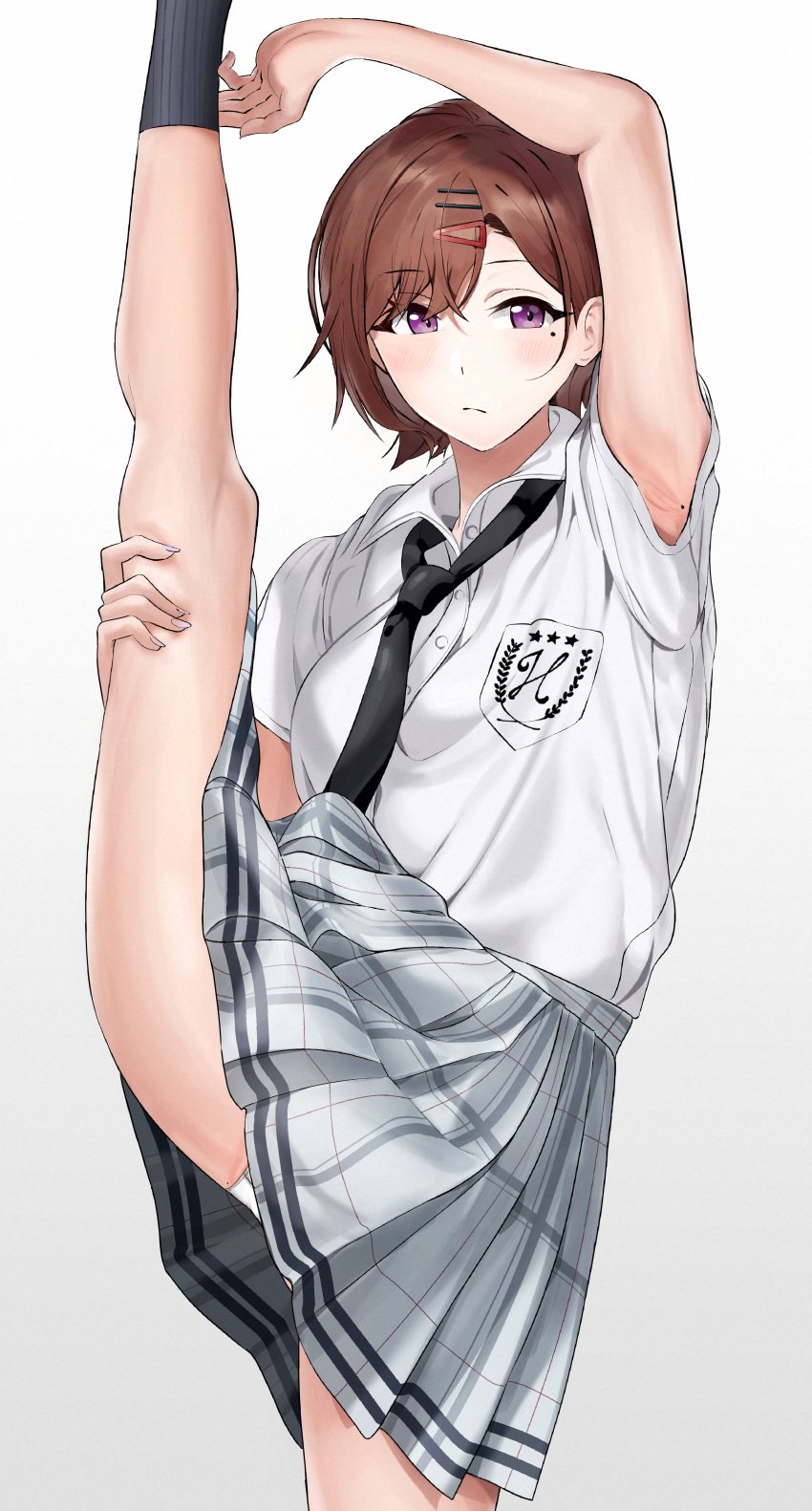 1girls absurdres armpits black_necktie breasts brown_hair flexible hair_ornament hairclip highres higuchi_madoka idolmaster idolmaster_shiny_colors kneepits leg_hold leg_lift leg_up legs looking_at_viewer mole mole_under_eye necktie panties pantyshot pleated_skirt pol_winner purple_eyes school_uniform short_hair short_sleeves simple_background skirt solo split standing standing_on_one_leg standing_split stretching thighs underwear white_background