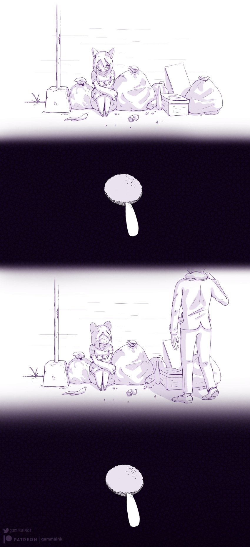 1boy1girl comic crying gammainks hi_res homeless kirlia mandy_(gammainks) nintendo partner pokemon pokemon_(species) sad stern stern_partner_(gammainks) sunflower tears tragic_backstory trash trash_bag