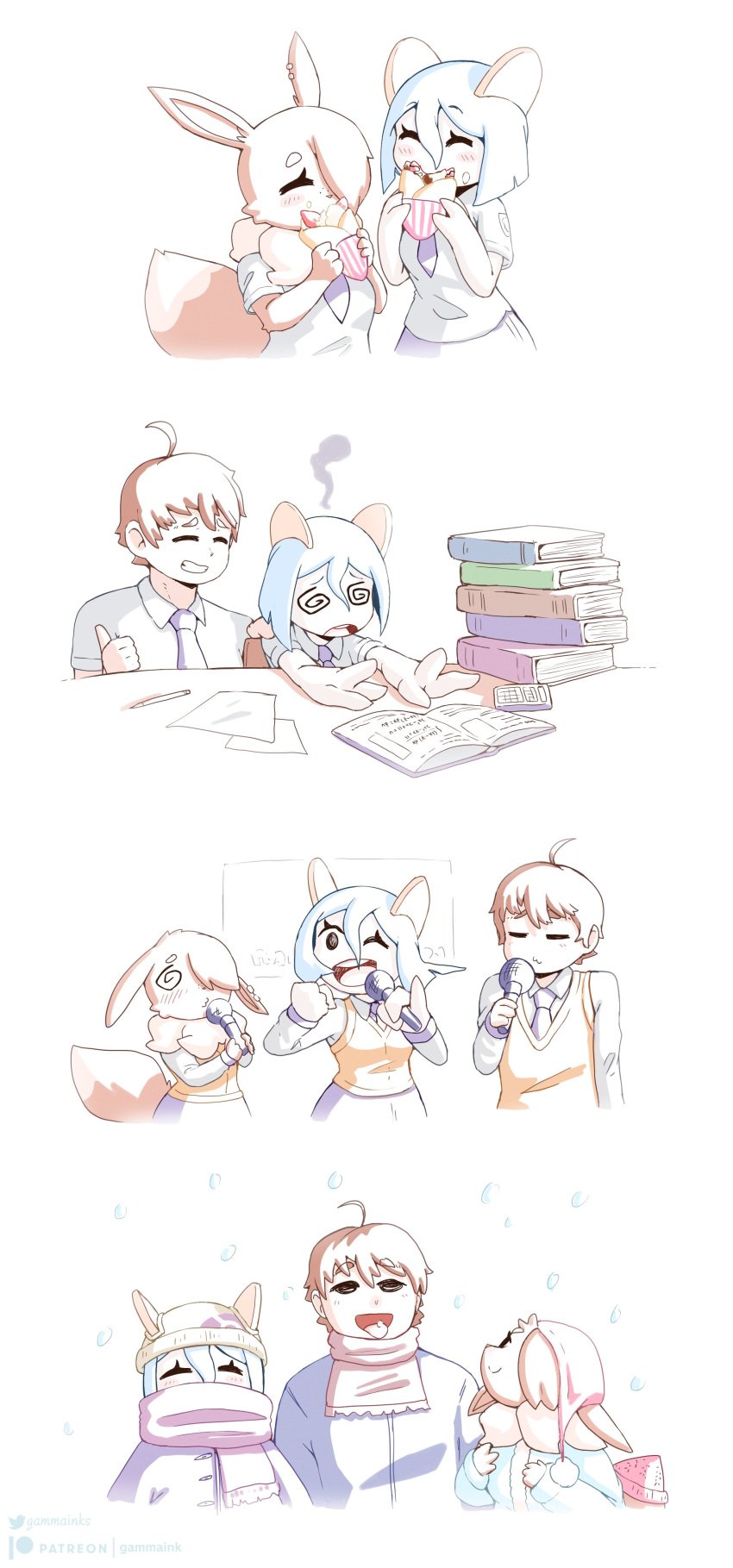 blue_hair books brown_fur comic dizzy dizzy_eyes dylan_(gammainks) eating_food eevee eeveelution friends gammainks happy hi_res karaoke kirlia mandy_(gammainks) nintendo pokemon pokemon_(species) shiny_pokemon snow stern_partner_(gammainks) studying thumbs_up valerie_(gammainks)