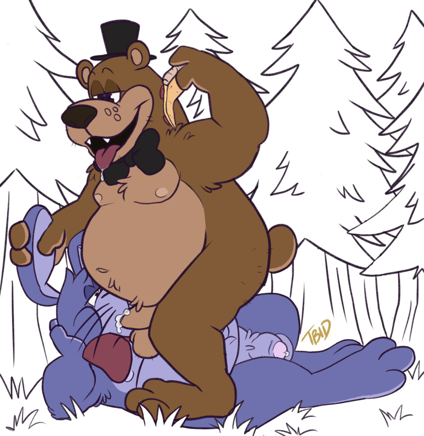 2boys anthro anthro_on_anthro anthro_only anthrofied balls belly blowjob bodily_fluids bonnie_(fnaf) bow_tie bowtie brown_body brown_fur cartoon_bonnie_(f&fot) cartoon_freddy_(f&fot) clothing cum cum_in_mouth cum_inside duo erection five_nights_at_freddy's flaccid food freddy_&_friends:_on_tour freddy_(fnaf) fur gay genital_fluids genitals grabbing_ears half-closed_eyes hat headgear headwear holding_pizza lagomorph leporid looking_down male male/male male_only mammal moobs nipples open_mouth oral overweight penis pizza purple_body purple_fur rabbit saliva saliva_trail smile smiling tbid tongue tongue_out top_hat ursid video_games