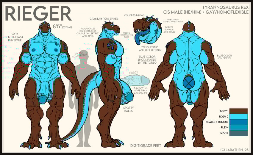 5_fingers abs absurd_res anthro balls big_balls big_penis biped claws color_swatch dinosaur english_text erection fingers genitals glans hi_res huge_balls huge_cock humanoid_genitalia humanoid_penis larathen male model_sheet muscular muscular_anthro muscular_male open_mouth pecs penis prehistoric_species reptile rieger_(larathen) scalie sharp_teeth solo tail teeth text theropod tongue tongue_out tyrannosaurid tyrannosauroid tyrannosaurus tyrannosaurus_rex vein veiny_penis