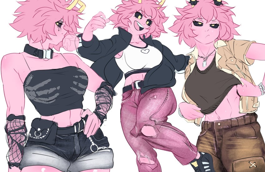 abs annoyed annoyed_expression arm_warmers belly_button belt big_breasts black_sclera blowing_bubblegum boku_no_hero_academia bracelets breasts brown_pants bubblegum camisole cargo_pants choker collared_jacket crop_top denim denim_shorts dog_tags eyes_half_open eyeshadow goth goth_girl hand_on_hip heart_symbol hi_res holic_fz horns jacket lifting_shirt long_sleeves looking_at_viewer midriff mina_ashido my_hero_academia necklace open_jacket pants pink_hair pink_pants pink_skin pouch puffy_cheeks ripped_pants running_mascara runny_makeup short_hair shorts simple_background smile suggestive suggestive_look suggestive_pose sweater torn_pants white_background yellow_eyes