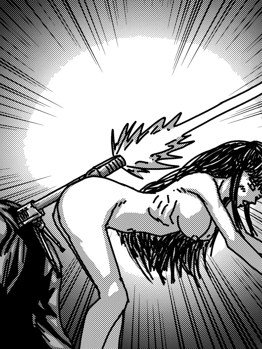 areolae black_and_white black_hair blushing breasts ejaculation gunshot gunshot_ejaculation kamihate long_hair manga_style naked_female osaragi_(sakamoto_days) sakamoto_days self_upload skinny skinny_girl sniper_rifle