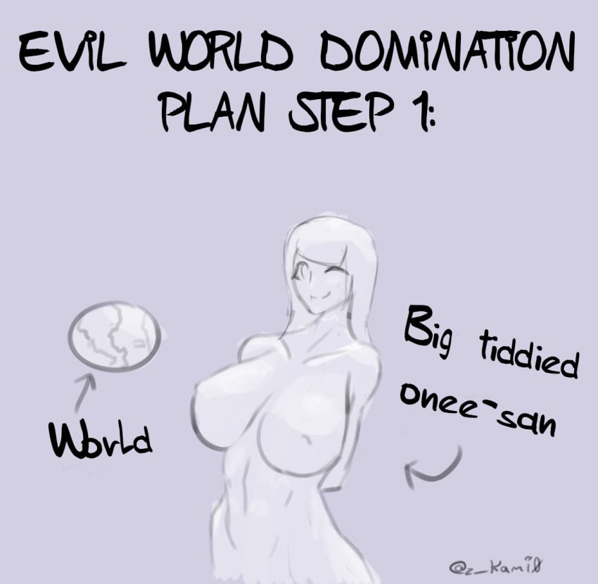 artist_name big_breasts giantess looking_at_viewer text wink zkami0