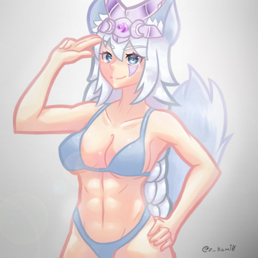 1girls abs artist_name big_breasts blue_eyes female female_only fox_ears fox_girl fox_tail io_(paladins) muscular muscular_female paladins solo swimsuit white_hair zkami0