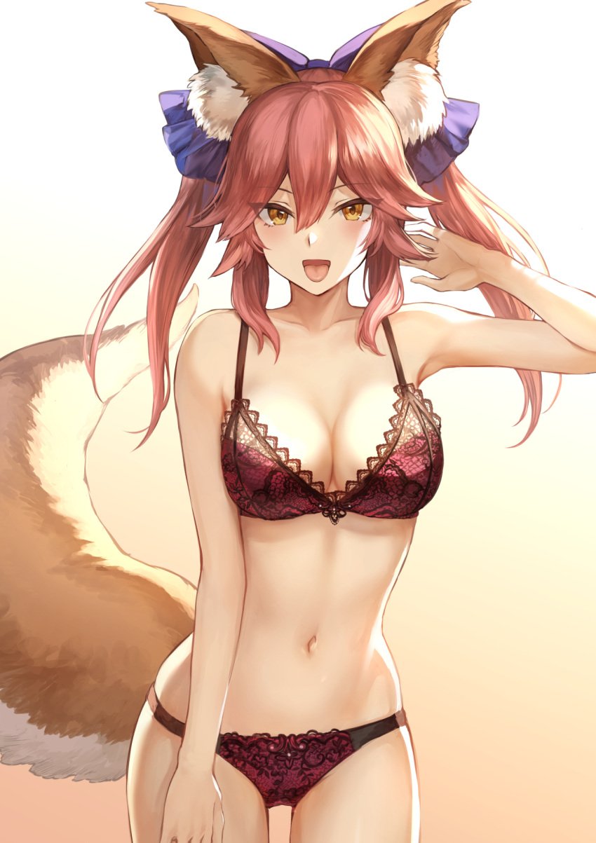 1girls :d animal_ear_fluff animal_ears artist_name bangs bow bra breasts clavicle cleavage cowboy_shot eyebrows_visible_through_hair fate/extra fate/grand_order fate_(series) female fox_tail hair_between_eyes hair_ornament hairbow high_resolution kitsunemimi lace_trim large_breasts lingerie long_hair mashu_003 medium_breasts navel one_arm_up open-mouth_smile open_mouth pantsu pink_bra pink_hair pink_panties sidelocks signature smile solo tagme tail tamamo_no_mae_(fate) tied_hair tongue tongue_out tsurime twintails twitter_username underwear underwear_only yellow_eyes