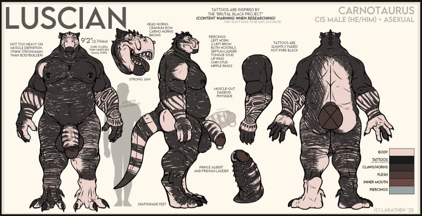 5_fingers abelisaurid anthro balls big_balls big_penis biped carnotaurus claws color_swatch dinosaur english_text erection fingers frenum_ladder frenum_piercing genital_piercing genitals glans hi_res humanoid_genitalia humanoid_penis ladder_piercing larathen luscian_(larathen) male model_sheet muscular muscular_anthro muscular_male nipple_piercing nipple_ring nipples open_mouth pecs penis penis_piercing piercing prehistoric_species prince_albert_piercing reptile ring_piercing scalie sharp_teeth solo tail teeth text theropod tongue tongue_out vein veiny_penis