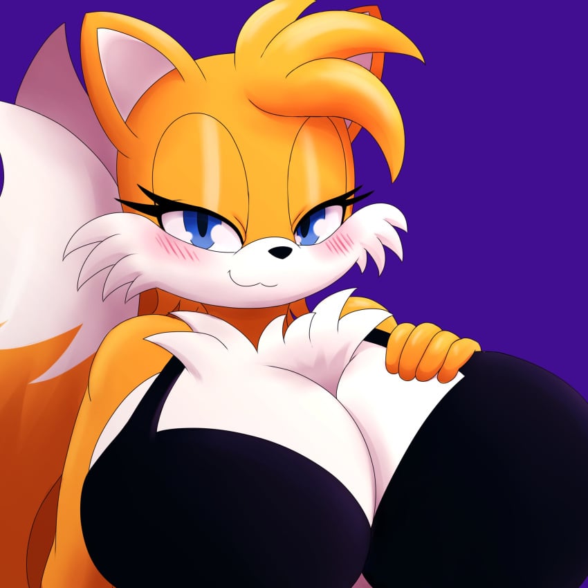 anthro big_breasts black_bra blue_eyes bra breasts commission commission_art headshot_portrait huge_breasts mechspazer mobian_(species) rule_63 sega solo solo_anthro solo_female sonic_(series) tails tails_the_fox tailsko white_fur yellow_fur