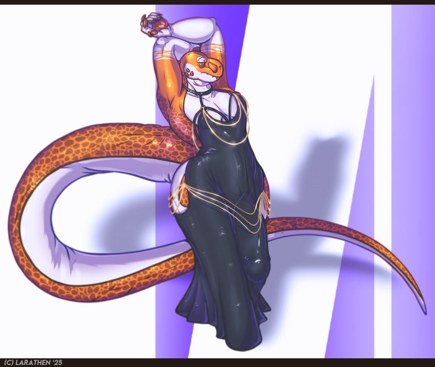 anthro black_clothing black_dress bulge clothing countershade_tail countershading detailed_bulge dinosaur dress genital_outline hi_res larathen larathen_(character) letterbox male meme meme_clothing penis_outline prehistoric_species reptile scalie solo tail theropod tyrannosaurid tyrannosauroid tyrannosaurus tyrannosaurus_rex