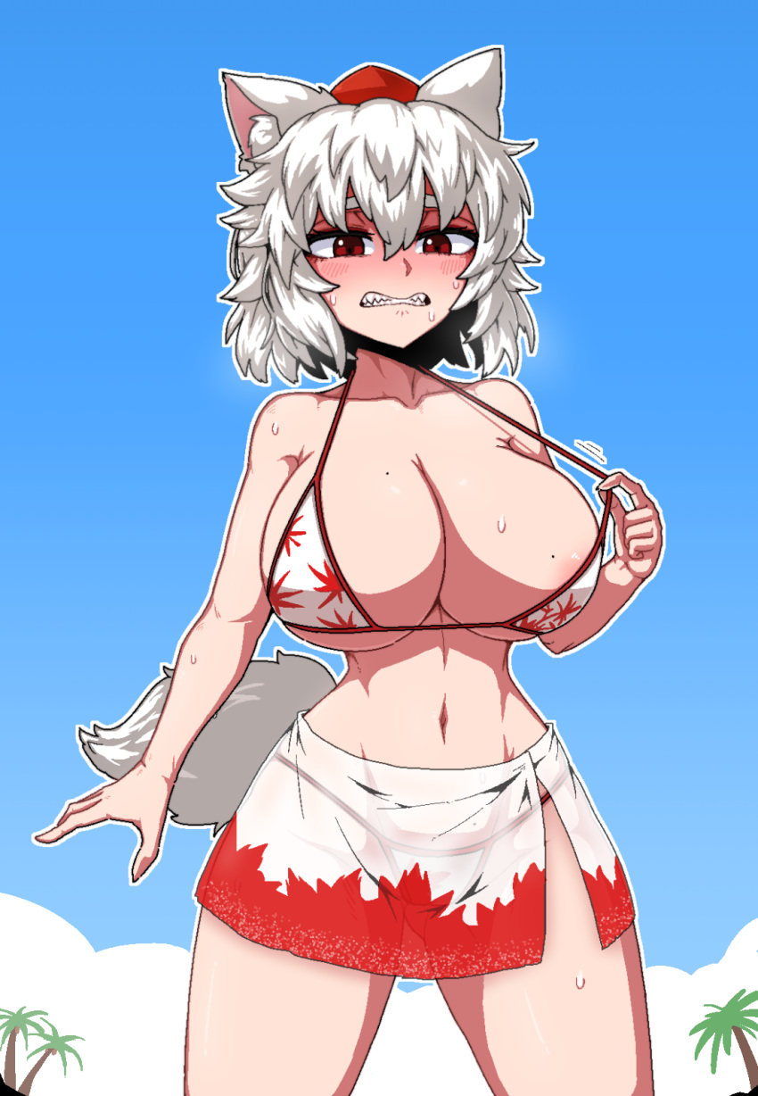 1girls animal_ears animal_humanoid animal_tail areola_slip beach bikini blush clenched_teeth curvy embarrassed female formicid momiji_inubashiri outdoors red_eyes sharp_teeth solo tagme tokin_hat touhou white_hair wolf_ears wolf_girl wolf_tail