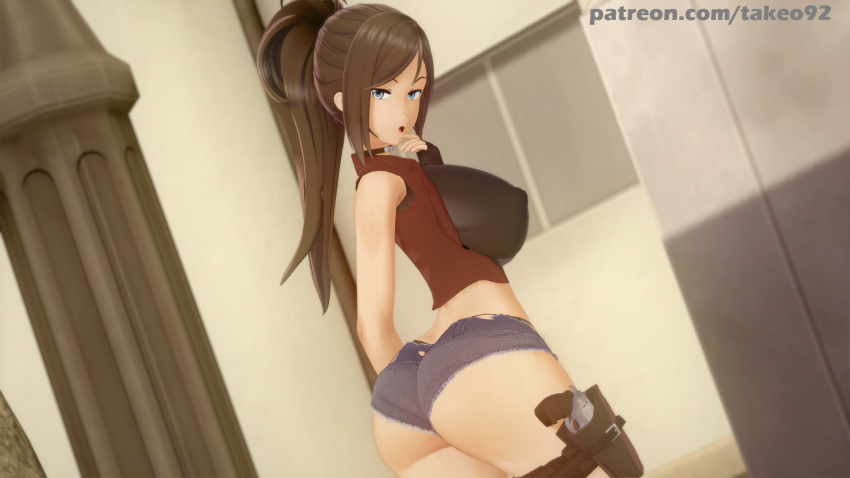 1girls 3d 3d_(artwork) back_view backboob bare_legs big_ass big_breasts blue_eyes brown_hair bubble_butt choker claire_redfield clothing curvaceous curvy denim denim_shorts erect_nipples erect_nipples_under_clothes eyebrows_raised female_only fingerless_gloves firearm g-string half-closed_eyes hand_on_chin handgun holster hotpants huge_ass huge_breasts koikatsu large_ass large_breasts looking_at_viewer looking_back nipples_visible_through_clothing open_mouth patreon pinup ponytail pose resident_evil resident_evil_2 revealing_clothes revolver seductive shorts side_view sideboob solo spandex standing summer sunny takeo92 text thick_ass thick_thighs tight_clothing vest voluptuous weapon wide_hips