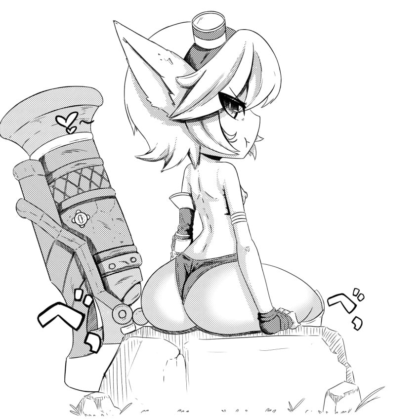 :t akatosh_el_shota_furro annoyed ass asymmetrical_sleeves back breasts cannon closed_mouth ear feet_out_of_frame female female_focus fingerless_gloves from_behind gloves goggles goggles_on_head hi_res huge_ass league_of_legends long_ears looking_at_viewer looking_back monochrome nipples no_bra on_rock outdoors panties petite pointy rock short_hair shortstack sitting small_breasts solo thighs topless_female tristana underwear weapon yordle