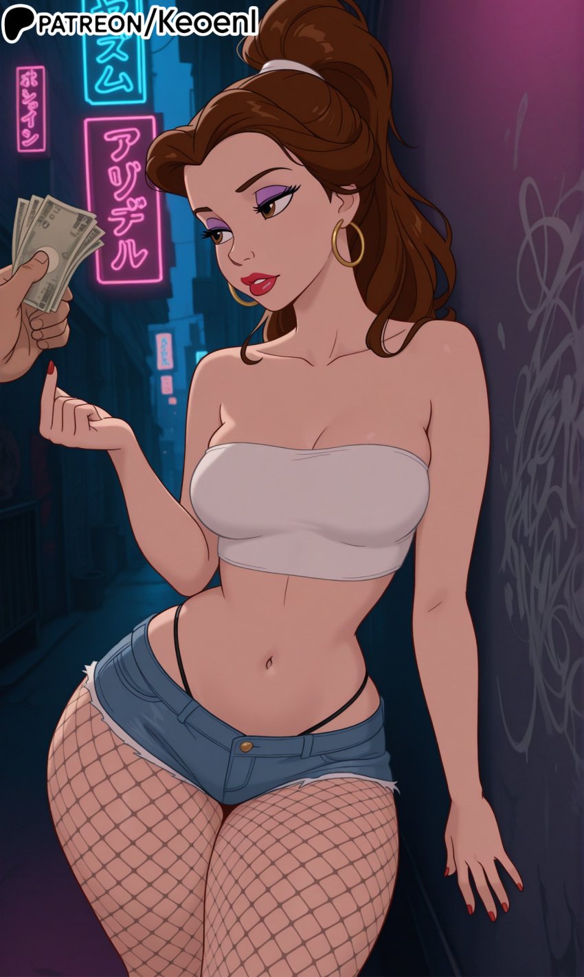 1boy 1boy1girl 1girls accurate_art_style ai_female ai_generated alley bare_shoulders beauty_and_the_beast belle belle_(beauty_and_the_beast) bitch blush breasts brown_hair bun_hair disney disney_princess earrings eyeshadow female fishnet_legwear fishnet_stockings fishnets gyaru hair_bun hairbow hi_res high_ponytail jewelry keoenl lipstick looking_at_another makeup male medium_breasts midriff minishorts money nail_polish navel neon_lights outdoors parted_lips patreon penis ponytail pov prostitute prostitute_clothes prostitution red_lipstick red_nails sex_for_money solo_focus tank_top thick_thighs thong thong_straps topwear walt_disney wide_hips