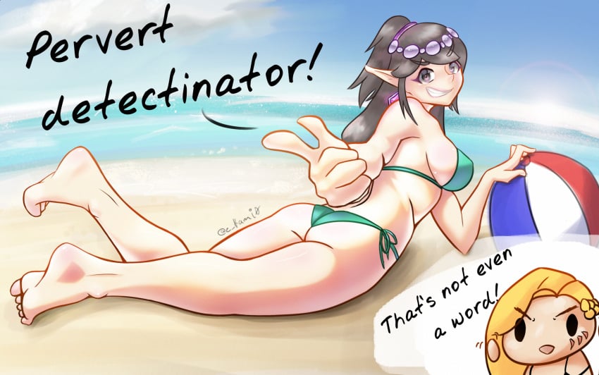 2girls artist_name ass back_view beach beach_ball english_text female female_only looking_at_viewer multiple_girls paladins sideboob smile solo_focus text tyra_(paladins) ying_(paladins) zkami0