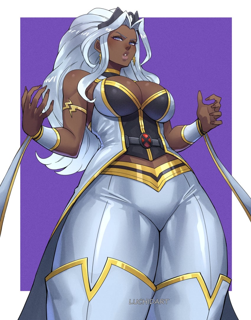 animification blue_eyes breasts cape cleavage dark-skinned_female dark_skin earrings female highres jewelry large_breasts long_hair looking_at_viewer luchidart marvel marvel_tokon:_fighting_souls short_hair solo storm_(x-men) superhero_costume very_dark_skin white_hair x-men
