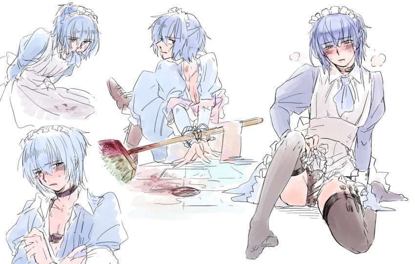 1boy androgynous blue_hair blush bruises choker crossdressing_male erection kusoboti lingerie mahoyaku maid maid_headdress maid_uniform nero_turner penis promise_of_wizard thick_thighs thighhighs thighs underwear yellow_eyes