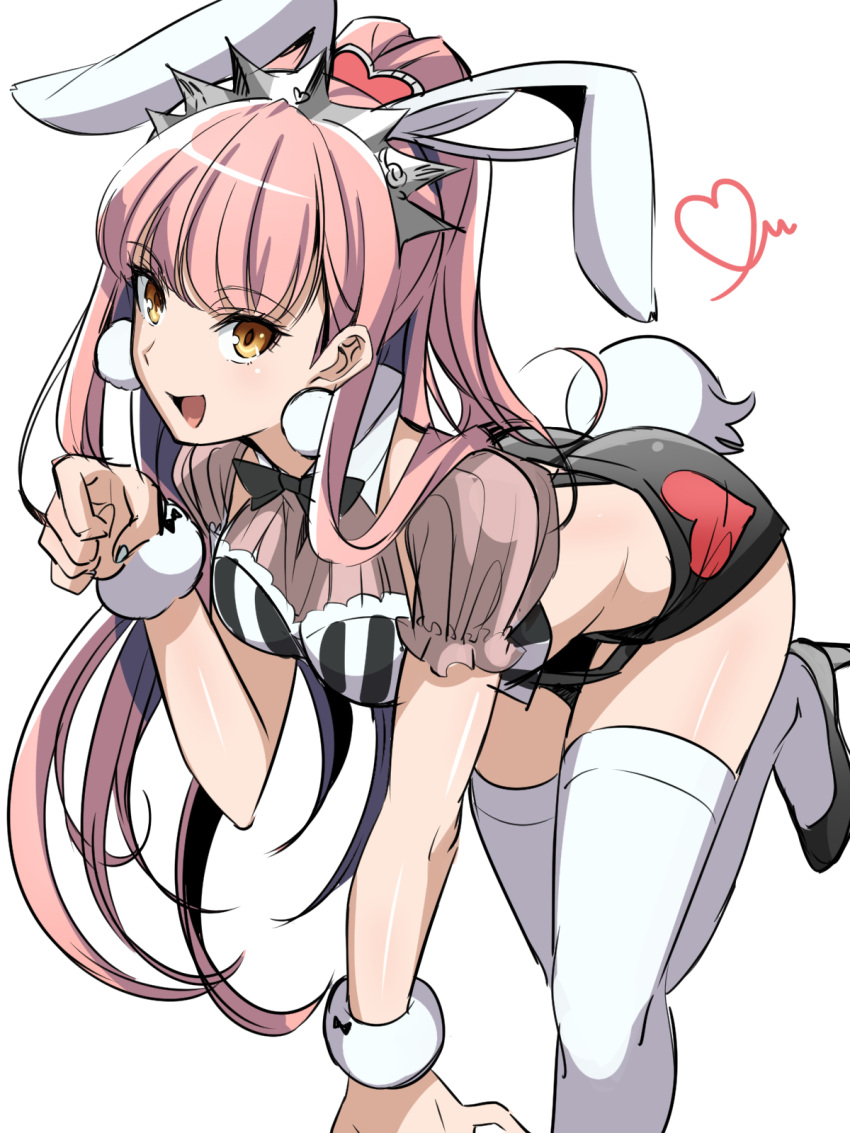 1girls :d animal_ears ass breasts brown_eyes bunny_ears bunny_tail clothing crown fate/grand_order fate_(series) female female_ass headwear high_heels high_resolution long_hair looking_at_viewer medb_(fate) medium_breasts midriff open-mouth_smile open_mouth pink_hair ponytail shimo_(s_kaminaka) shoes simple_background smile solo tail thighhighs tied_hair white_background white_legwear