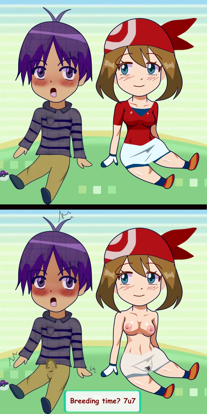 1boy 1girls bandana belly belly_button big_breasts big_penis blue_eyes blush blush_lines breasts brown_hair busty chibi chibi_style clothed_male_nude_female clothes_removed comic couple dialogue dialogue_box erect_nipples erection female female_focus gloves grass happy_female horny hourglass_figure hourglass_figured_female huge_cock imminent_sex large_breasts large_penis legs macabromac male male/female maledom master_ball masterball may_(pokemon) may_(pokemon_rs) naked navel nintendo nipples nude nude_female oc oc_x_canon penis pervert pervert_female pokeball pokemon pokemon_rse public_nudity red_bandana seductive seductive_smile self_insert selfship sequence shiny_skin sitting smile smiley_face straight submissive submissive_female surprised teen teenager text thick_legs thick_thighs thighs voluptuous voluptuous_female voluptuous_teen waist
