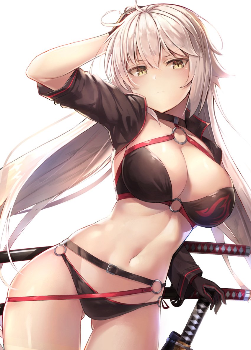 1girls ahoge archway_of_venus bangs bikini black_bikini black_jacket black_swimsuit blush breasts brown_eyes choker clavicle cleavage closed_mouth cowboy_shot cropped_jacket day eyebrows_visible_through_hair fate/grand_order fate_(series) female female_only gloves gluteal_fold groin hair_between_eyes hand_on_hilt hand_on_own_head high_resolution hip_focus hips holding holding_weapon jacket jeanne_alter jeanne_d'arc_(alter) jeanne_d'arc_(alter)_(swimsuit_berserker) jeanne_d'arc_(fate) katana large_breasts long_hair looking_at_viewer motokonut multiple_swords navel o-ring o-ring_bikini o-ring_bottom o-ring_top pixiv_id_1836747 scabbard sheathed shrug_(clothing) sidelocks simple_background skindentation solo stomach swimsuit sword tagme thighs very_long_hair weapon white_background yellow_eyes