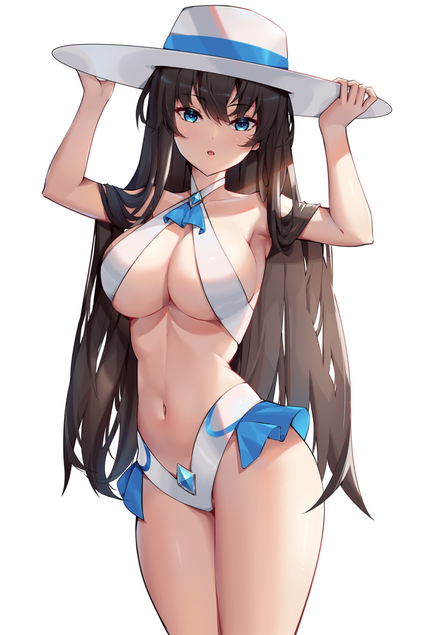 :o armpits bangs bare_shoulders bikini blue_eyes blush breasts brown_hair clavicle cowboy_shot criss-cross_halter eol_9 eyebrows_visible_through_hair female female frills hair_between_eyes halter_top halterneck hands_on_headwear hat high_resolution large_breasts long_hair looking_at_viewer navel original sidelocks simple_background solo stomach sun_hat swimsuit tagme thighs very_long_hair white_background