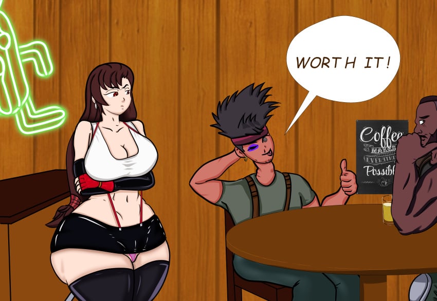 1girls 2boys barret_wallace big_ass biggs_(ff7) black_eye brown_hair final_fantasy final_fantasy_vii grarman huge_ass speech_bubble thick_thighs thighhighs thumbs_up tifa_lockhart