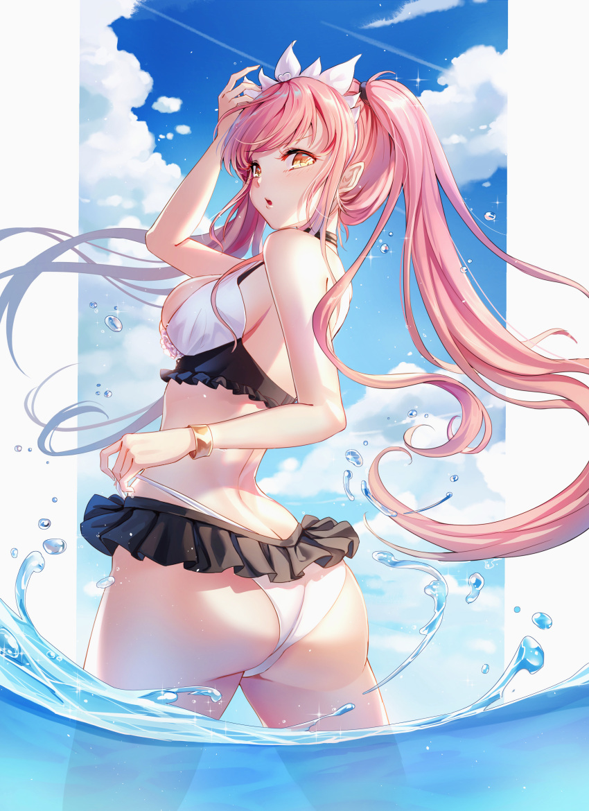 1girls ass ass_cleavage bangs bare_shoulders bikini blue_sky blush breasts butt_crack clothing cloud crown day eyebrows eyebrows_visible_through_hair fate/grand_order fate_(series) female female_ass floating_hair from_behind headwear high_resolution lalazyt long_hair looking_at_viewer looking_back medb_(fate) medb_(swimsuit_saber) medium_breasts open_mouth outdoors partially_submerged partially_submerged_legs pink_hair posterior_cleavage revision sideboob sky solo swimsuit swimsuit_pull tiara tied_hair twintails two-tone_bikini two-tone_swimsuit very_high_resolution very_long_hair wading white_bikini white_swimsuit yellow_eyes