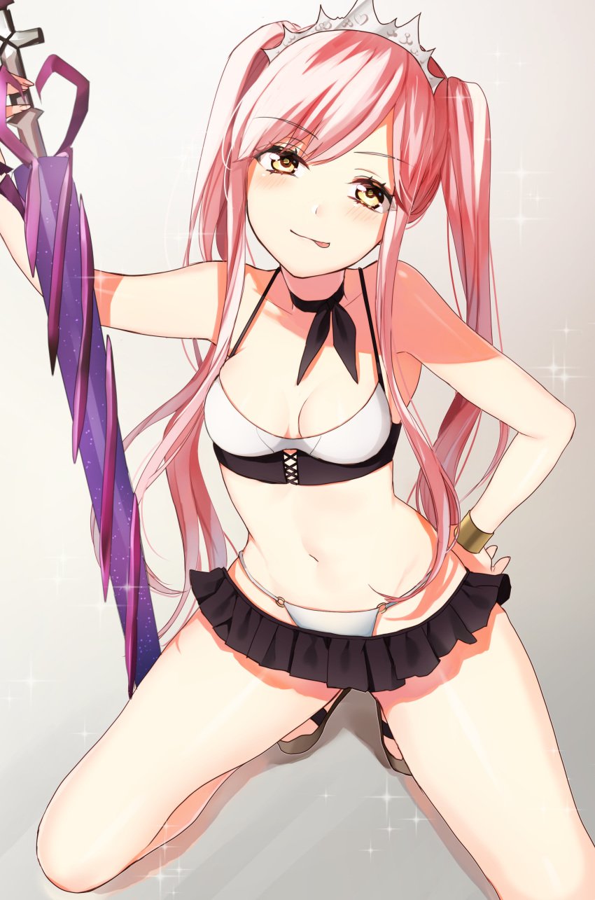 :p bare_arms bare_shoulders bikini black_choker black_skirt blush breasts brown_eyes choker clavicle closed_mouth clothing crown derori fate/grand_order fate_(series) female footwear head_tilt headwear high_resolution holding long_hair looking_at_viewer medb_(fate) medb_(swimsuit_saber) medium_breasts microskirt navel o-ring o-ring_bikini o-ring_bottom one_arm_up pink_hair pixiv_id_14941829 pleated_skirt royal saber sandals skirt smile solo sparkle squatting swimsuit sword tagme tiara tied_hair tongue tongue_out twintails very_high_resolution very_long_hair weapon white_bikini white_swimsuit yellow_eyes