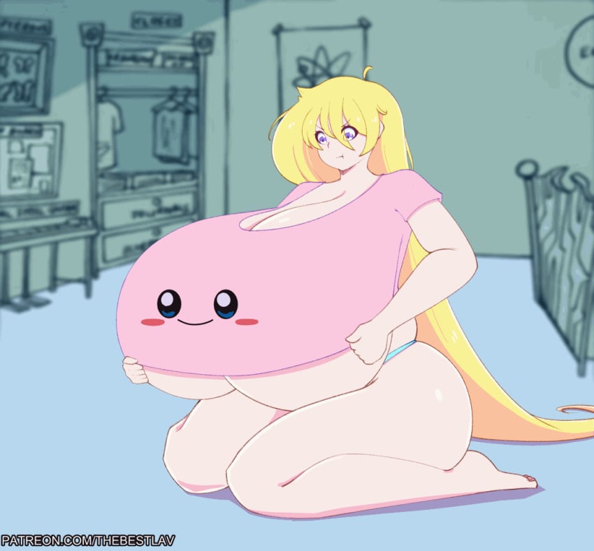 animated blonde_hair boobdrop bouncing_breasts breast_jiggle breasts cassie_(theycallhimcake) female huge_breasts hyper hyper_breasts kirby_(series) l-a-v mario_(series) massive_breasts panties partially_clothed pasties plucking shirt_lift solo star striped_panties super_star thick_thighs titty_drop underboob underwear voluptuous