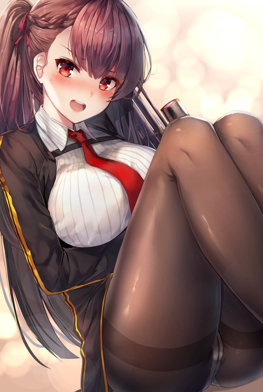 anthropomorphization arm_under_breasts bangs beige_background bent_knees black_legwear black_skirt blazer blurry blush bokeh braid breast_hold breasts brown_hair bullpup collared_shirt crotch_seam depth_of_field embarrassed eyebrows_visible_through_hair female framed_breasts french_braid girls'_frontline gloves gun hair_ornament hair_ribbon half_updo head_tilt high-waist_skirt high_resolution jacket knees_up large_breasts lens_flare lingerie long_hair looking_at_viewer motokonut necktie one-side-up one_side_up open_mouth panchira panchira_(sitting) panties panties_under_pantyhose pantyhose pixiv_id_1836747 purple_hair red_eyes red_necktie red_neckwear red_ribbon ribbon rifle see-through shirt sidelocks simple_background sitting skirt sniper_rifle solo strap striped striped_shirt sweatdrop tagme thighband_pantyhose tied_hair transparent_clothes tsurime underwear upper_teeth very_long_hair wa2000_(girls'_frontline) walther walther_wa_2000 weapon white_panties white_underwear