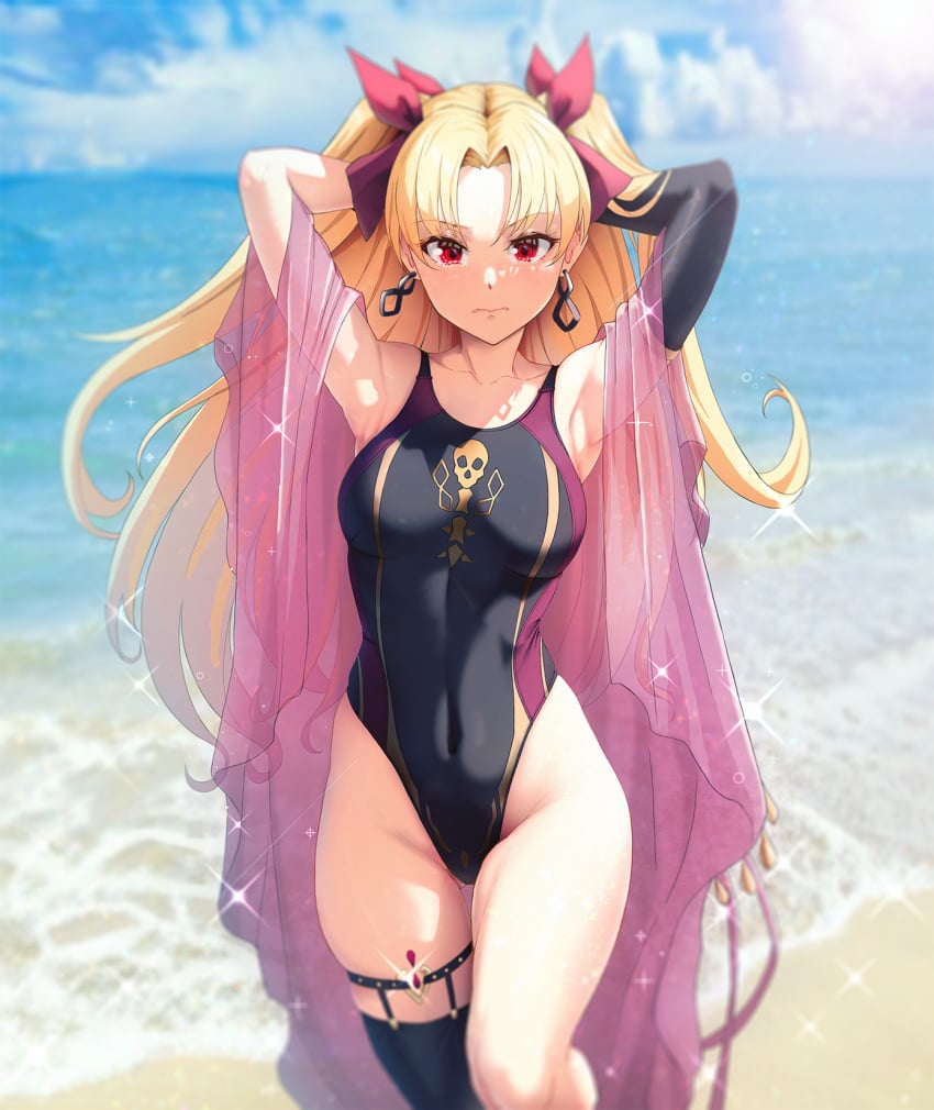 armpits arms_behind_head arms_up artist_revision asymmetrical_legwear bangs bare_shoulders beach black_legwear black_swimsuit blonde_hair blue_sky blush bow breasts clavicle closed_mouth competition_swimsuit covered_navel earrings ereshkigal_(fate) fate/grand_order fate_(series) female garter groin hair_ornament hairbow happymonk high_resolution highleg highleg_swimsuit hips hoop_earrings infinity jewelry long_hair looking_at_viewer medium_breasts ocean one-piece_swimsuit open_clothes open_shirt parted_bangs red_bow red_eyes revision see-through shawl single_thighhigh skull_print sky slender_waist solar_(happymonk) solo sparkle stockings swimsuit tagme tank_suit thigh_gap thighhighs thighs tohsaka_rin two_side_up