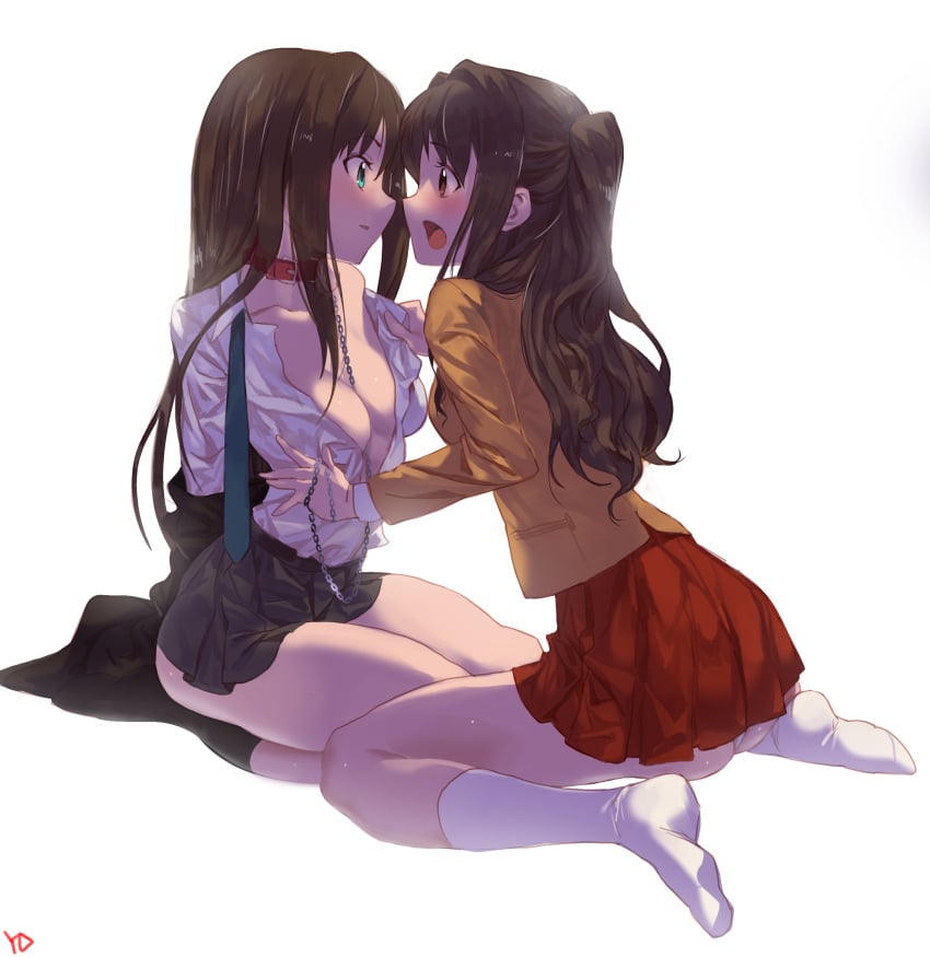 2girls ass black_legwear blouse blue_eyes blush bondage breasts brown_eyes brown_hair cardigan chains cleavage clothes_down collar dress_shirt female female_only femdom femsub high_resolution idolmaster idolmaster_cinderella_girls leash lingerie long_hair medium_breasts multiple_girls no_bra open_clothes open_mouth open_shirt pantsu rin_x_uzuki school_uniform shibuya_rin shimamura_uzuki shirt simple_background skirt slave_collar underwear undressing uniform very_high_resolution white_background white_legwear yang-do yuri