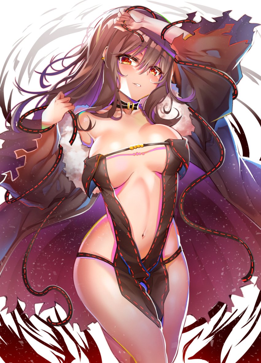 akuta_hinako assassin bangs bare_shoulders black_dress black_hair breasts breasts_apart brown_hair center_opening choker clavicle dress ear_piercing earrings eyebrows_visible_through_hair fate/grand_order fate_(series) female fur_trim hair hair_between_eyes high_resolution jacket jewelry large_breasts lips long_hair looking_at_viewer navel one_arm_up orange_eyes parted_lips piercing red_eyes revealing_clothes sidelocks simple_background smile solo strapless strapless_dress sunhyun tagme teeth very_long_hair white_background yu_miaoyi yu_miaoyi_(fate)