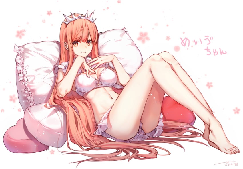 >:) artist_name bare_legs barefoot blush bra breasts closed_mouth clothing crown fate/grand_order fate_(series) feet female fingernails frilled_pillow frills hanada_(pixiv_1813972) hanakeda_(hanada_shiwo) hands_on_own_chest hands_up headwear heart heart_pillow large_breasts legs long_hair looking_at_viewer medb medb_(fate) navel orange_eyes orange_hair pillow pink_hair rider royal signature skirt smile solo tagme tiara underwear v-shaped_eyebrows very_long_hair white_bra white_skirt white_underwear yellow_eyes