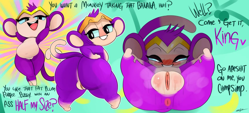 1girls anthro anthrofied anus big_ass big_butt bubble_butt dialogue dirty_talk fat fat_ass monkey monkey_girl monkey_shantae ota_(artist) overweight plump_labia presenting_pussy shantae shantae_(character) slightly_chubby smooth_fur sweat transformation