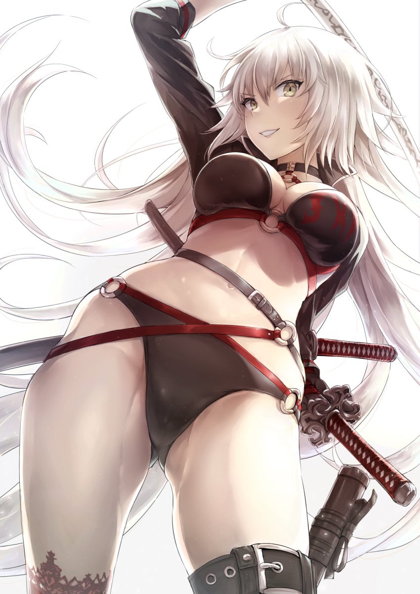 ahoge akita_hika archway_of_venus asymmetrical_legwear attacking_viewer bangs bikini black_bikini black_swimsuit blonde_hair breasts buckle choker clavicle cleavage cowboy_shot cropped_jacket eyebrows_visible_through_hair fate/grand_order fate_(series) female gluteal_fold hair_between_eyes high_resolution holding holding_sword holding_weapon jacket jeanne_alter jeanne_d'arc_(alter) jeanne_d'arc_(alter)_(swimsuit_berserker) jeanne_d'arc_(fate) katana large_breasts legwear long_hair o-ring o-ring_bikini red_legwear shrug_(clothing) single_thighhigh skindentation smile solo standing swimsuit sword tagme thigh_strap thighhighs very_long_hair weapon