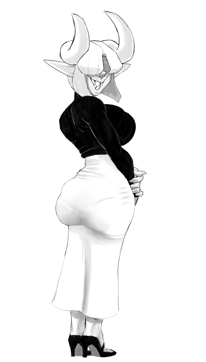 ass big_ass big_breasts big_butt breasts clothed clothing dink female horn horns looking_back oc original_character rawhell sharp_teeth solo standing